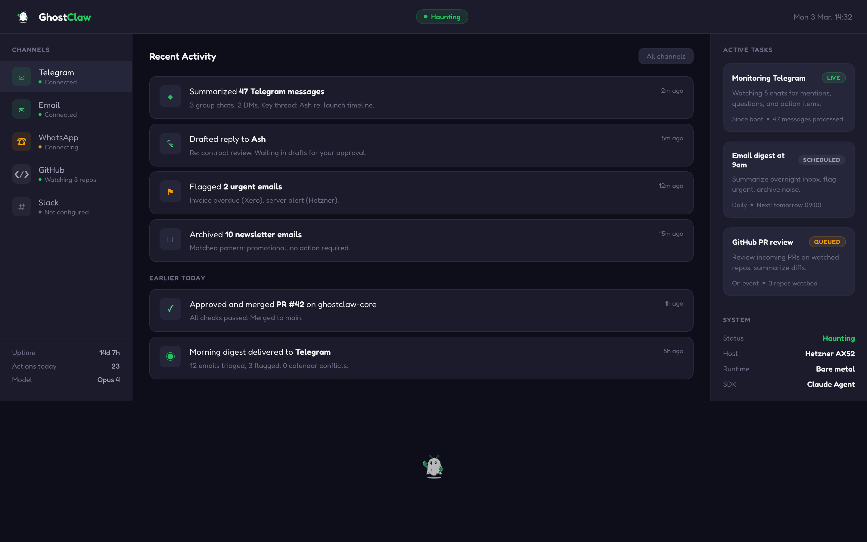 GhostClaw Mission Control dashboard